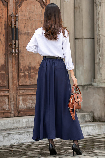 Navy Linen Blend Long A-Line Skirt - Elastic Waist, Side Pockets 3850