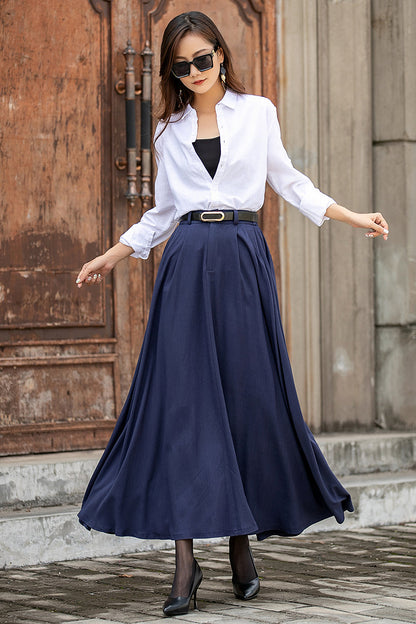 Navy Linen Blend Long A-Line Skirt - Elastic Waist, Side Pockets 3850