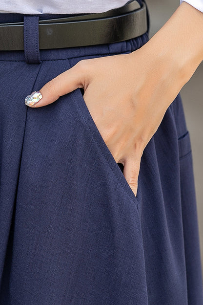 Navy Linen Blend Long A-Line Skirt - Elastic Waist, Side Pockets 3850