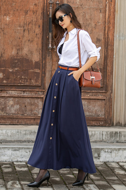 Long Navy Blue A-Line Linen Skirt 3851