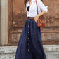 Long Navy Blue A-Line Linen Skirt 3851