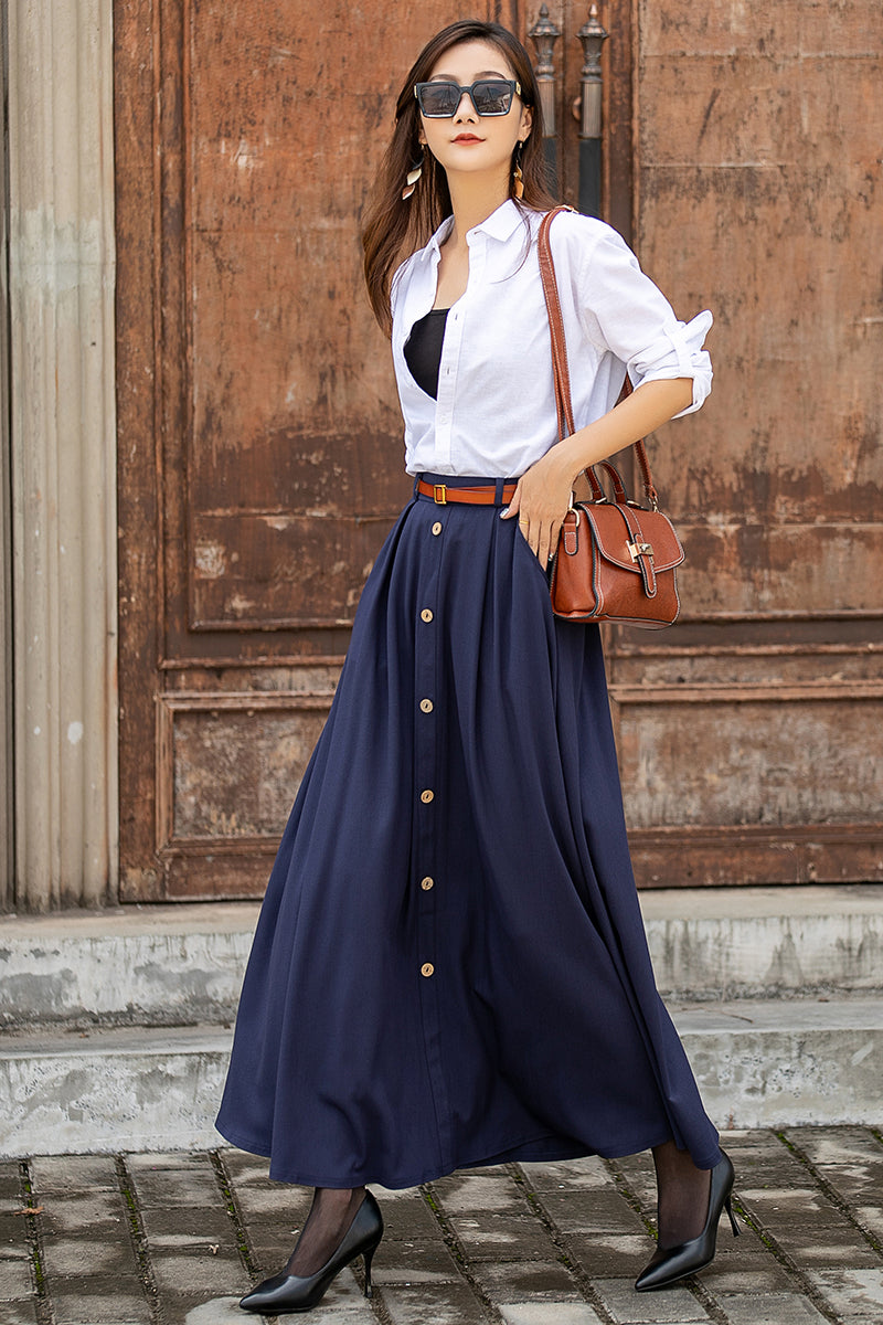 Long Navy Blue A-Line Linen Skirt 3851