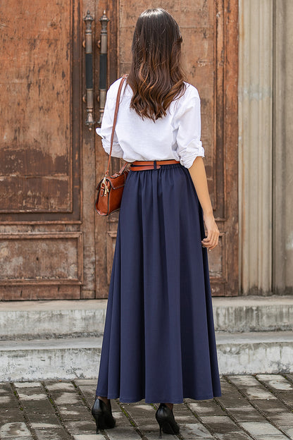 Long Navy Blue A-Line Linen Skirt 3851