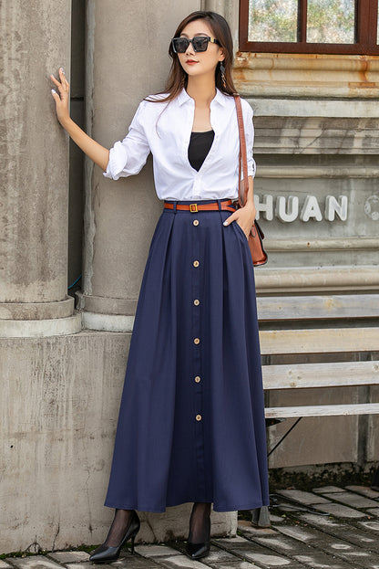 Long Navy Blue A-Line Linen Skirt 3851