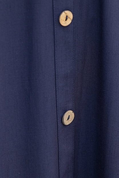 Long Navy Blue A-Line Linen Skirt 3851