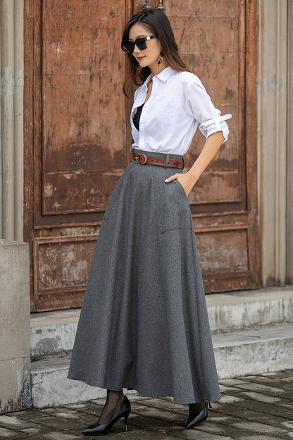Women Grey High Waist Wool Skirt 3853