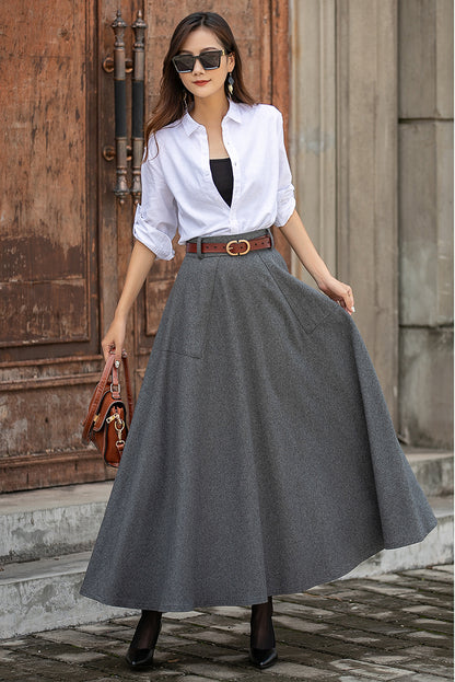 Women Grey High Waist Wool Skirt 3853