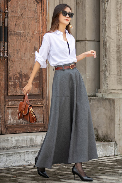 Women Grey High Waist Wool Skirt 3853