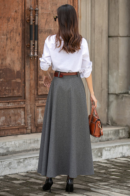 Women Grey High Waist Wool Skirt 3853