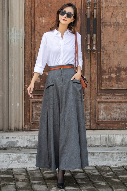 Gray Wool Long Skirt - Ankle Length with Elastic Waist 3854