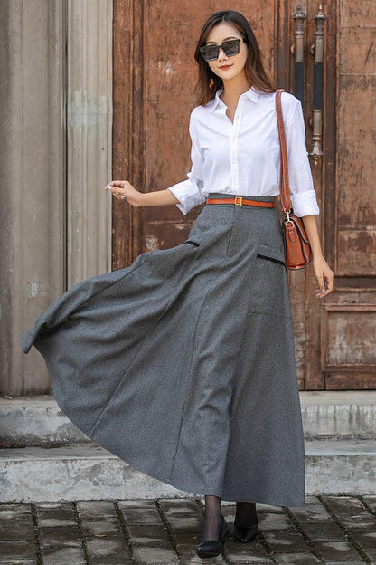 Gray Wool Long Skirt - Ankle Length with Elastic Waist 3854