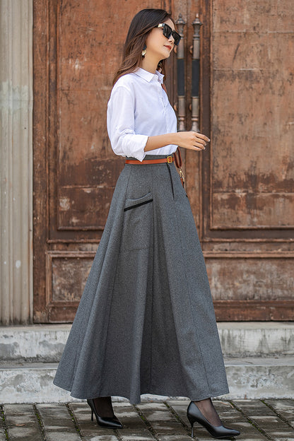 Gray Wool Long Skirt - Ankle Length with Elastic Waist 3854