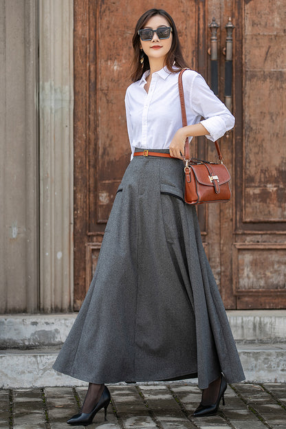 Gray Wool Long Skirt - Ankle Length with Elastic Waist 3854