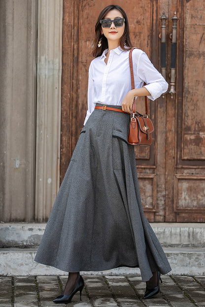 Gray Wool Long Skirt - Ankle Length with Elastic Waist 3854