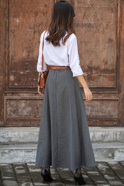 Gray Wool Long Skirt - Ankle Length with Elastic Waist 3854