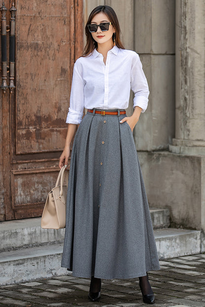 Grey Wool Maxi Skirt - 1950s Elastic Waist Full Silhouette 3855