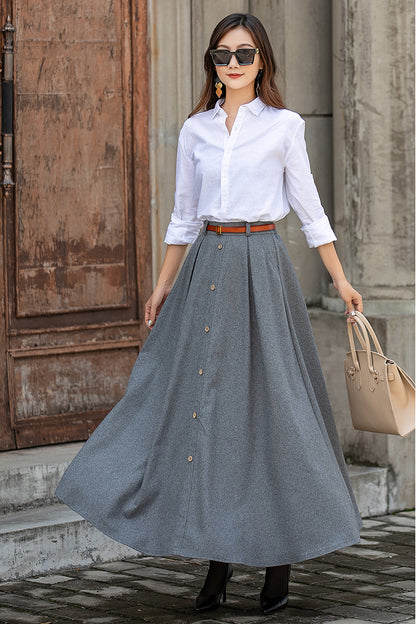 Grey Wool Maxi Skirt - 1950s Elastic Waist Full Silhouette 3855