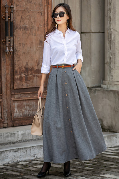 Grey Wool Maxi Skirt - 1950s Elastic Waist Full Silhouette 3855