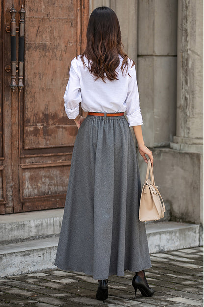 Grey Wool Maxi Skirt - 1950s Elastic Waist Full Silhouette 3855