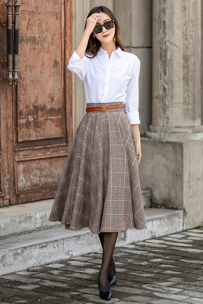 Plaid Wool Midi Swing Skirt - Pleated Circle Silhouette 5400
