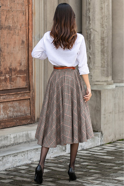 Plaid Wool Midi Swing Skirt - Pleated Circle Silhouette 5400