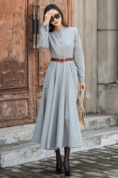 Light Gray Wool Long Dress – Vintage Button Front Winter Midi Dress with Pockets 3857