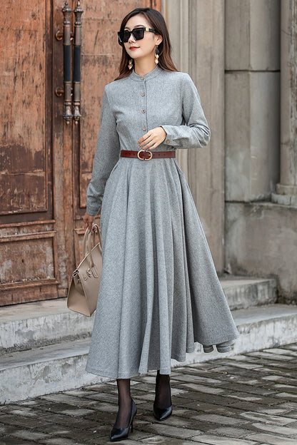 Light Gray Wool Long Dress – Vintage Button Front Winter Midi Dress with Pockets 3857