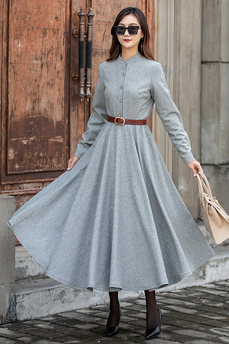 Light Gray Wool Long Dress – Vintage Button Front Winter Midi Dress 3857 Grey / S