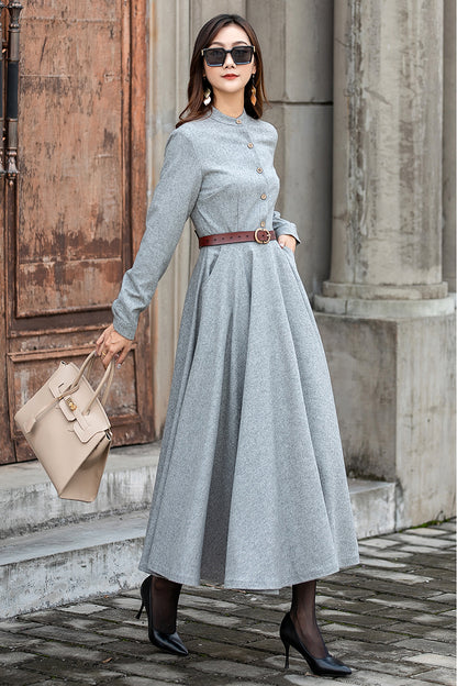 Light Gray Wool Long Dress – Vintage Button Front Winter Midi Dress with Pockets 3857