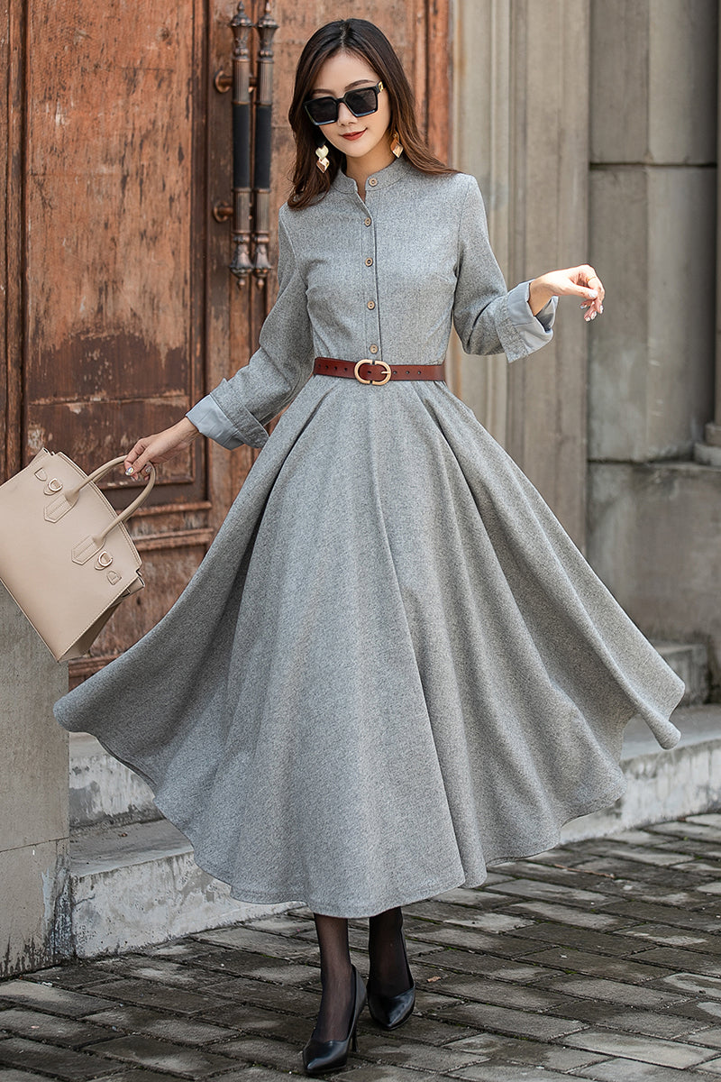 Light Gray Wool Long Dress Vintage Button Front Winter Midi Dress 3857 Grey / S Light Gray Wool Long Dress Vintage Button Front Winter Midi Dress 3857 Grey / S