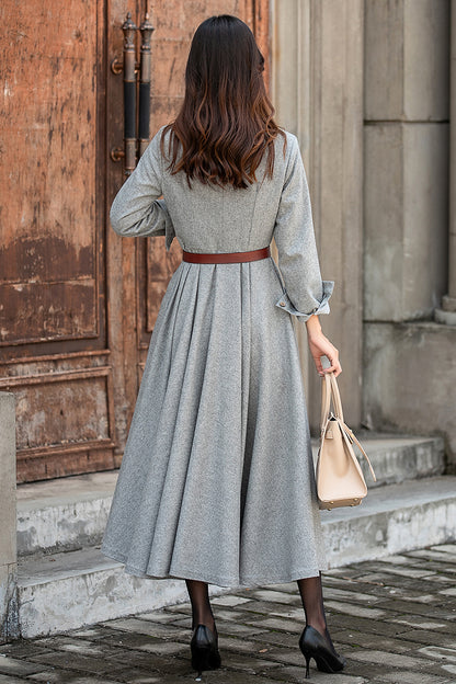 Light Gray Wool Long Dress – Vintage Button Front Winter Midi Dress with Pockets 3857