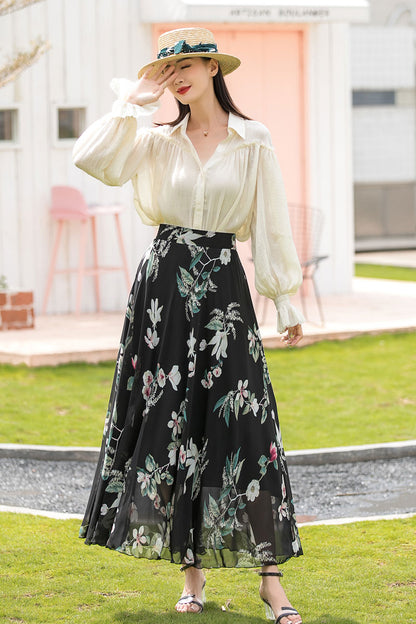 A Line Long Floral Print Chiffon Skirt 3020