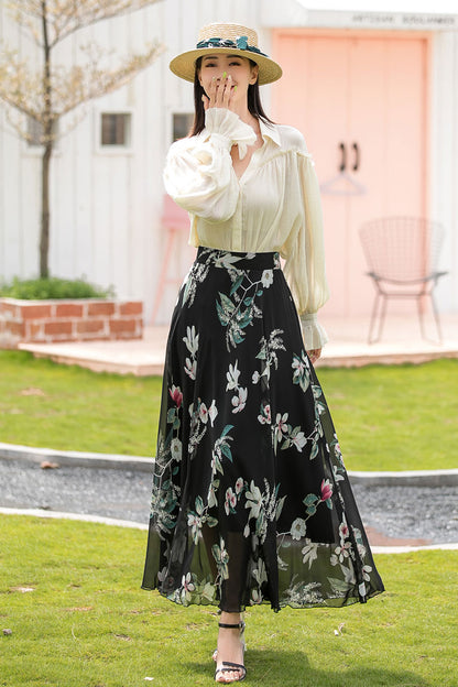 A Line Long Floral Print Chiffon Skirt 3020
