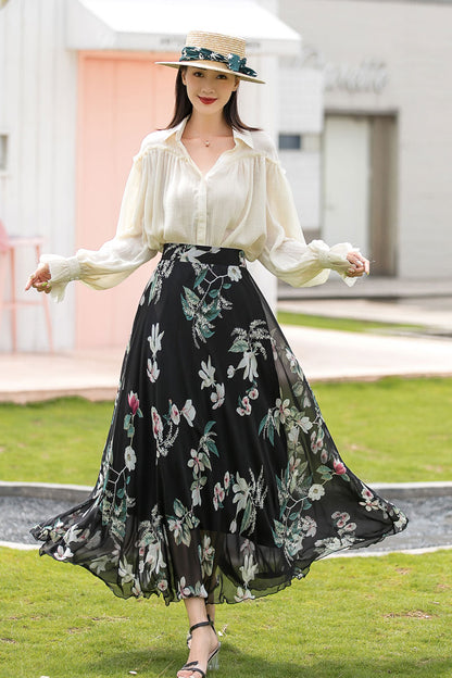 A Line Long Floral Print Chiffon Skirt 3020