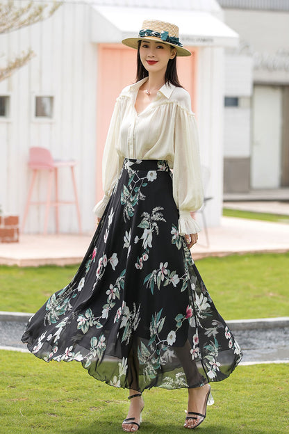 A Line Long Floral Print Chiffon Skirt 3020
