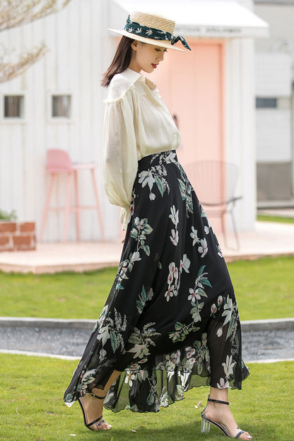A Line Long Floral Print Chiffon Skirt 3020