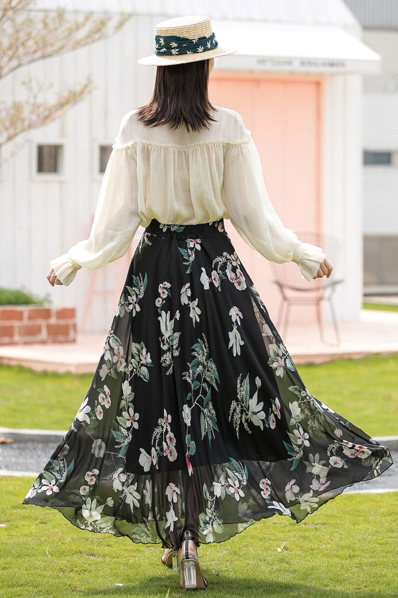 A Line Long Floral Print Chiffon Skirt 3020