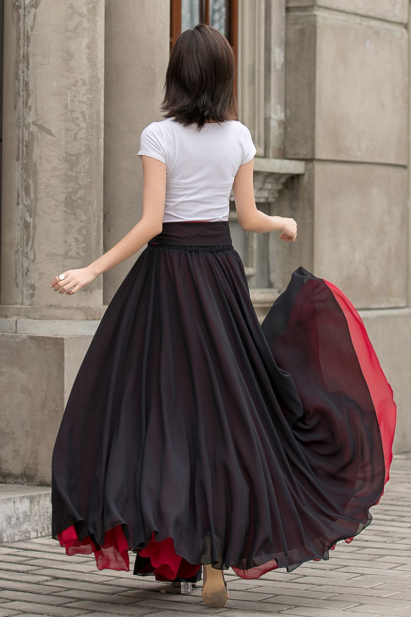 Women Black Chiffon Long Maxi Skirt 2714