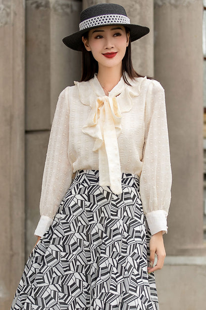 Beige Long Sleeve Chiffon Shirt 3034