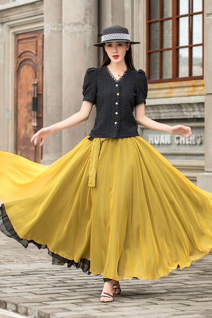 Yellow Chiffon Maxi Skirt - Reversible Big Swing with Elastic Waist 3010