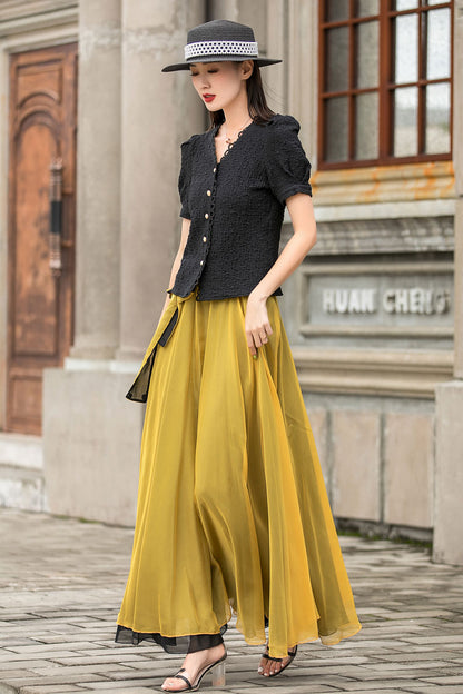 Yellow Chiffon Maxi Skirt - Reversible Big Swing with Elastic Waist 3010