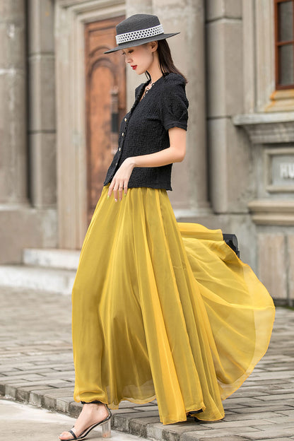 Yellow Chiffon Maxi Skirt - Reversible Big Swing with Elastic Waist 3010