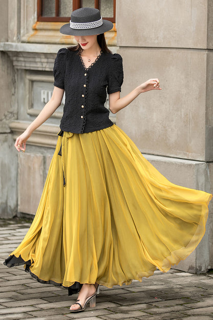 Yellow Chiffon Maxi Skirt - Reversible Big Swing with Elastic Waist 3010