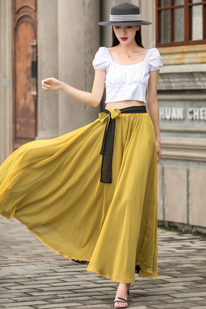 Yellow Chiffon Maxi Skirt - Reversible Big Swing with Elastic Waist 3010