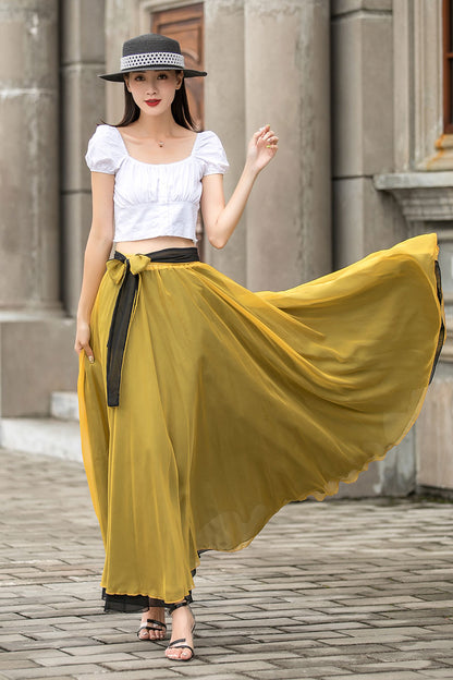 Yellow Chiffon Maxi Skirt - Reversible Big Swing with Elastic Waist 3010