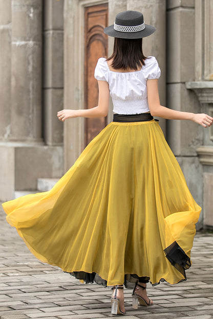 Yellow Chiffon Maxi Skirt - Reversible Big Swing with Elastic Waist 3010