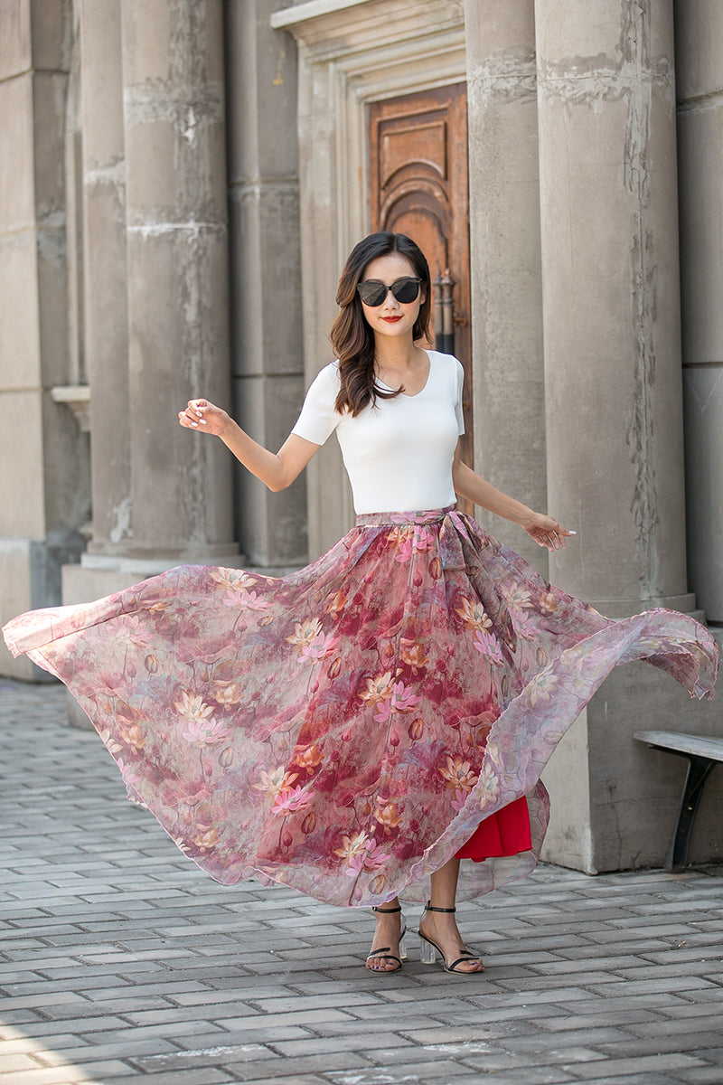 Summer Women Floral Chiffon Maxi Skirt 3429