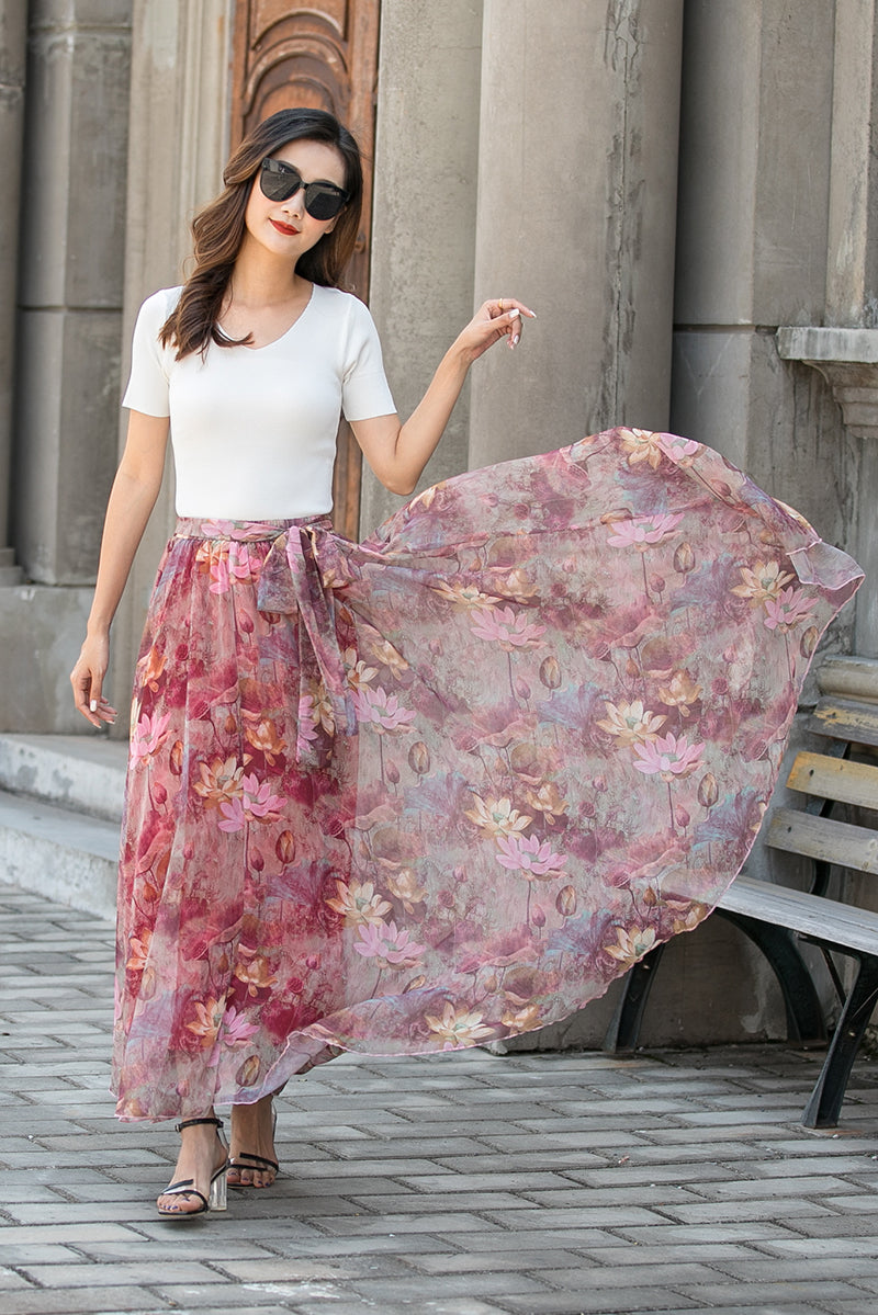 Womens Fashion Floral Print Long Sleeves Skirt Chiffon Maxi Summer Beach  Dress