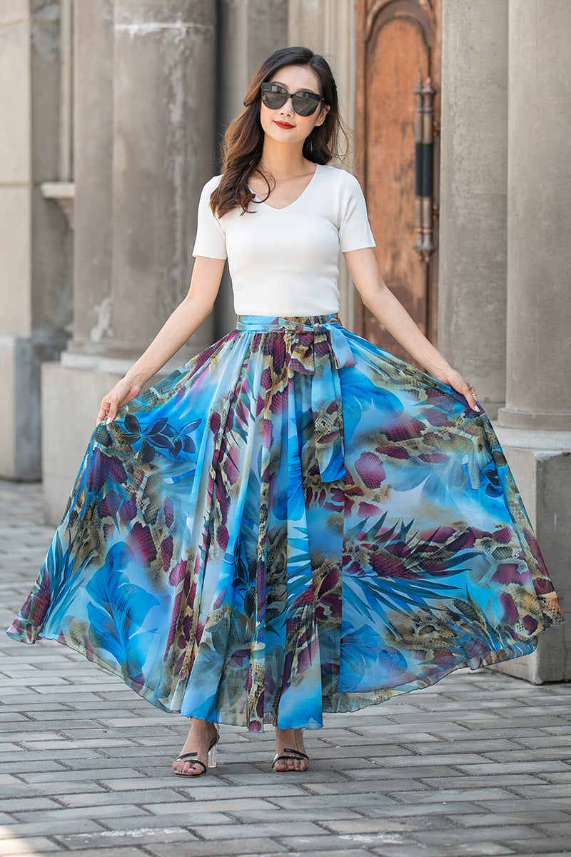 Elastic Waist Chiffon Plus Blue Floral Swing Maxi Skirt 3430#CK22 – XiaoLizi