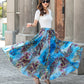 Elastic Waist Chiffon Plus Size Blue Floral Swing Maxi Skirt 3430#CK2201483